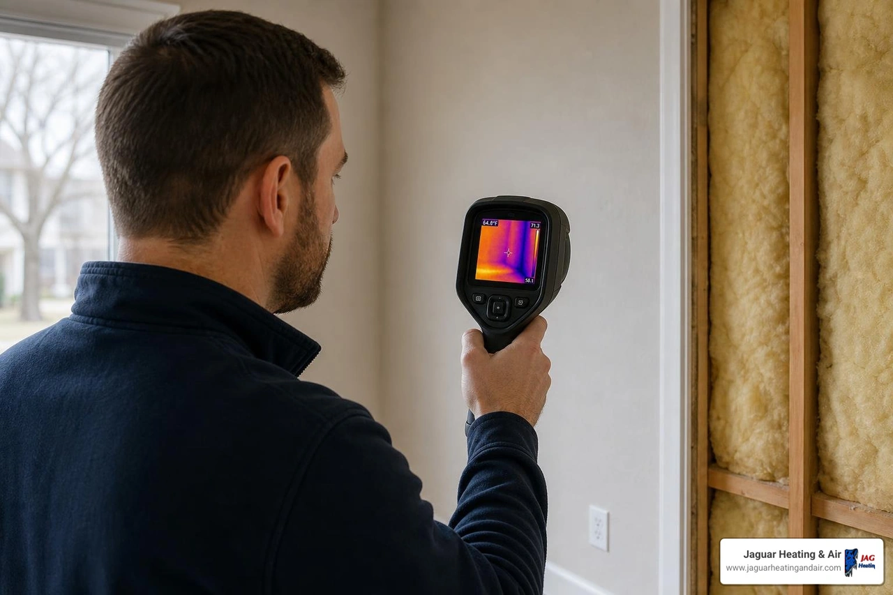 Technician using an infrared camera to inspect wall insulation and locate hidden drafts Technician using an infrared camera to inspect wall insulation and locate hidden drafts
