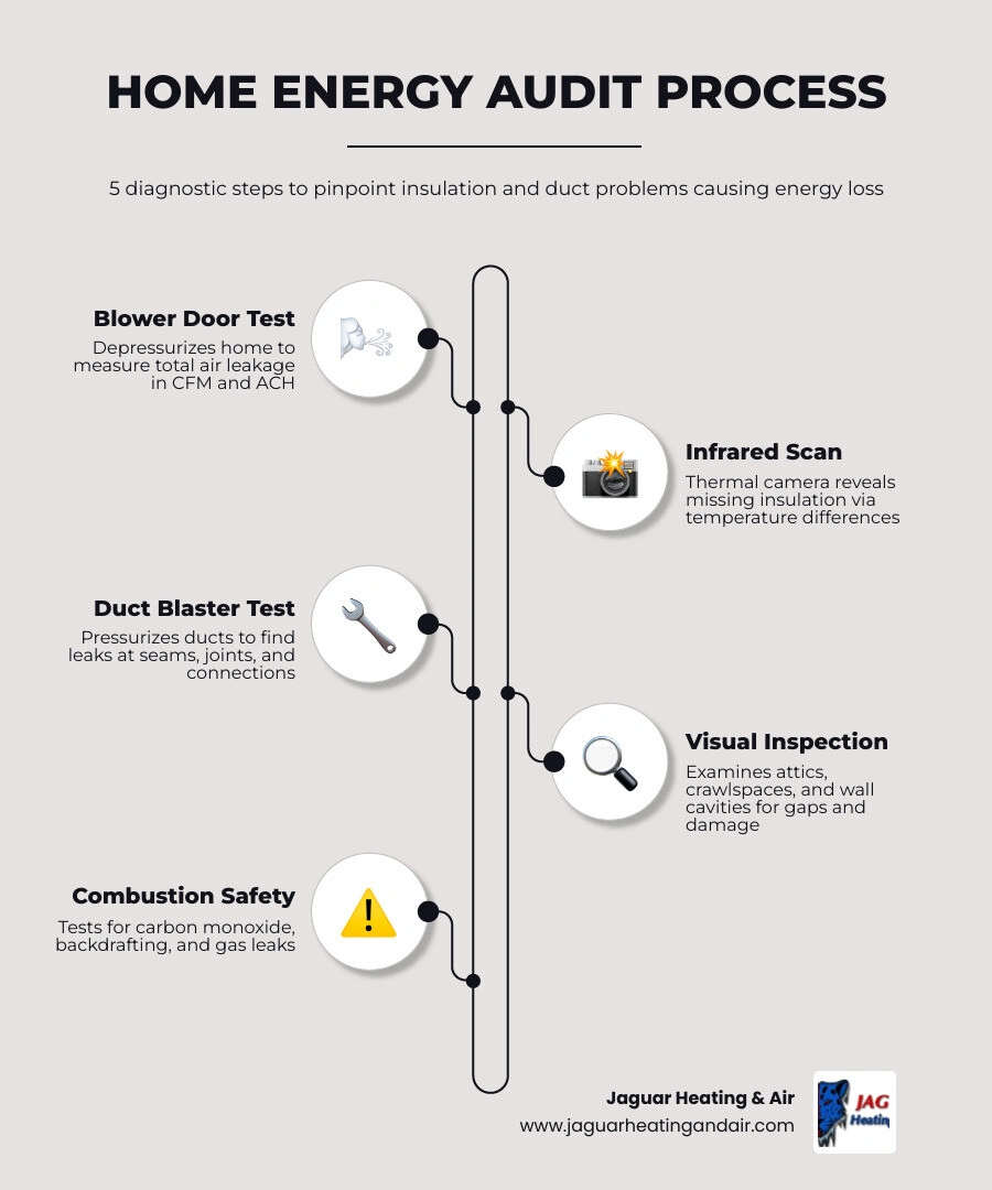 Infographic showing the 5-step home energy audit process: blower door test, infrared scan, duct blaster test, visual Infographic showing the 5-step home energy audit process: blower door test, infrared scan, duct blaster test, visual
