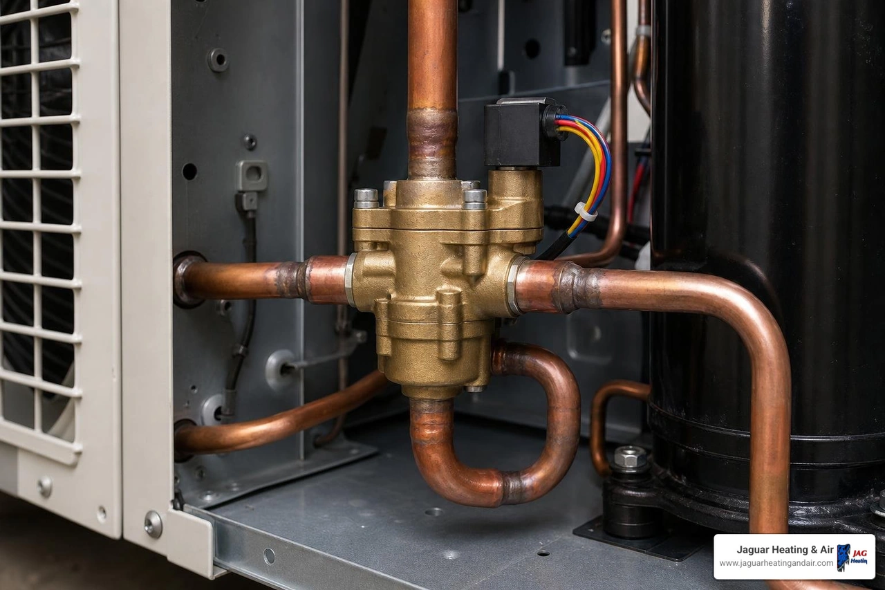 Close-up of a heat pump reversing valve installed within the outdoor unit chassis