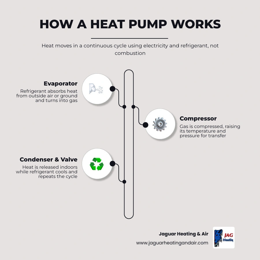 Infographic showing the heat pump refrigeration cycle with evaporator, compressor, condenser, and expansion valve steps