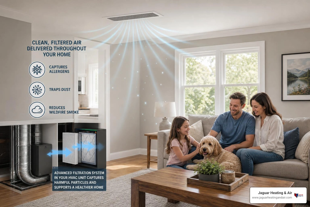 advanced air filtration system designed to capture allergens, dust, and wildfire smoke in a residential home
