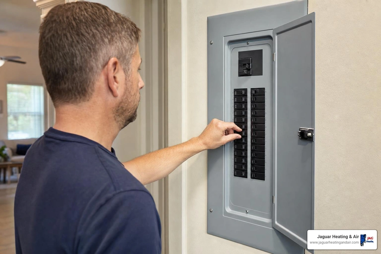homeowner safely turning off a circuit breaker in Sacramento home homeowner safely turning off a circuit breaker in Sacramento home