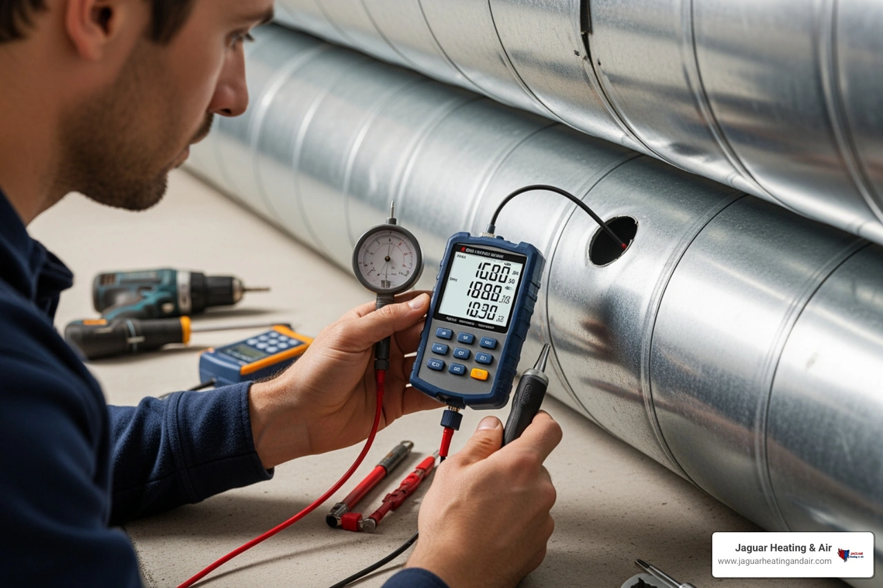 Technician using a digital manometer to check airflow and static pressure in home ductwork Technician using a digital manometer to check airflow and static pressure in home ductwork