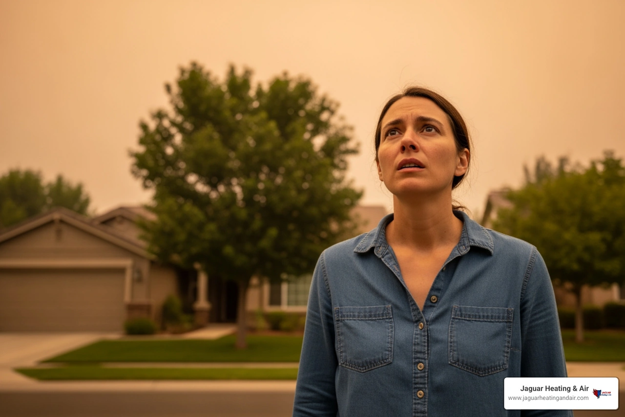 Person in Sacramento looking at hazy outdoor air with concern Person in Sacramento looking at hazy outdoor air with concern