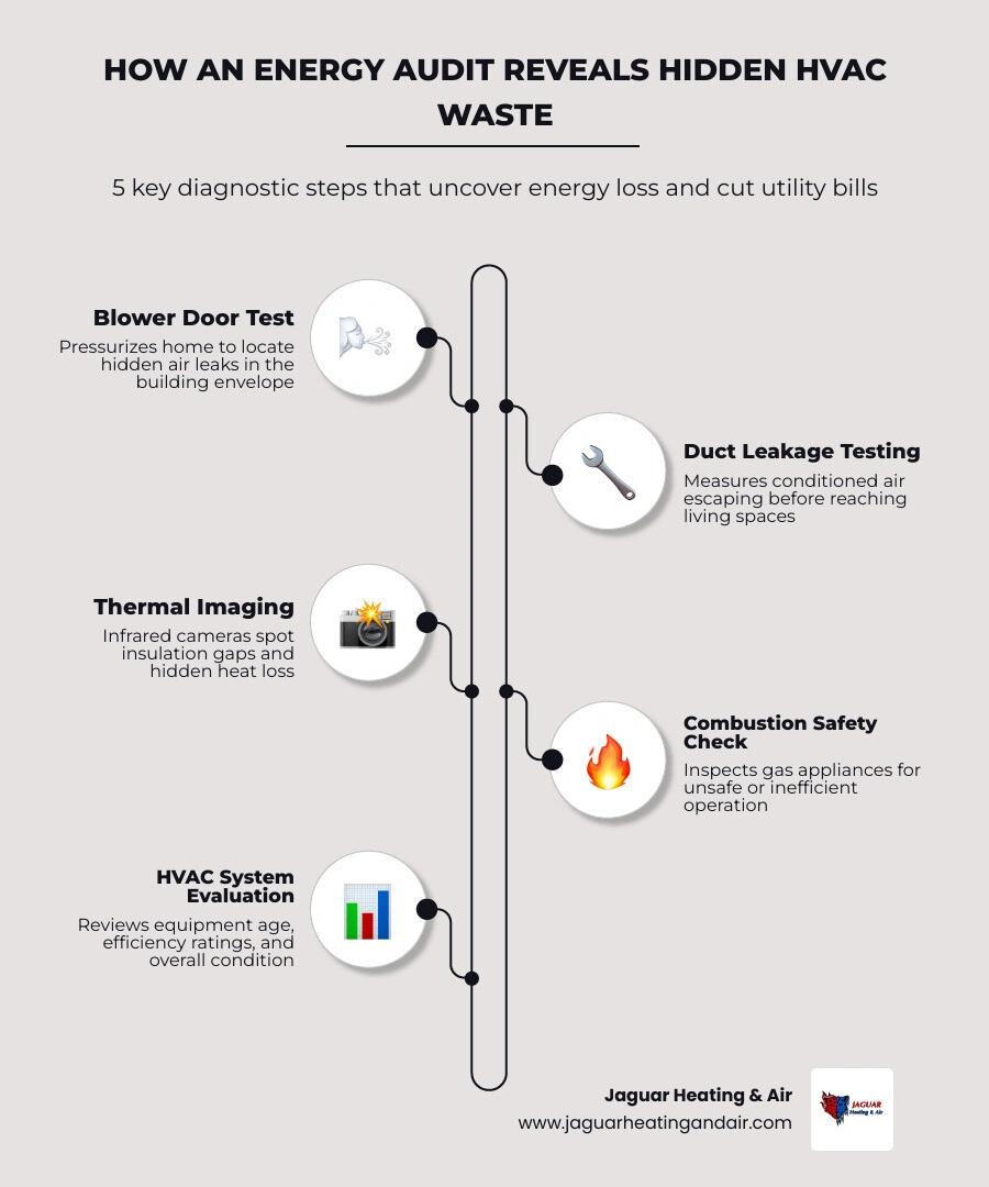 Infographic showing how energy audits identify HVAC waste through blower door tests, duct leakage, thermal imaging, and
