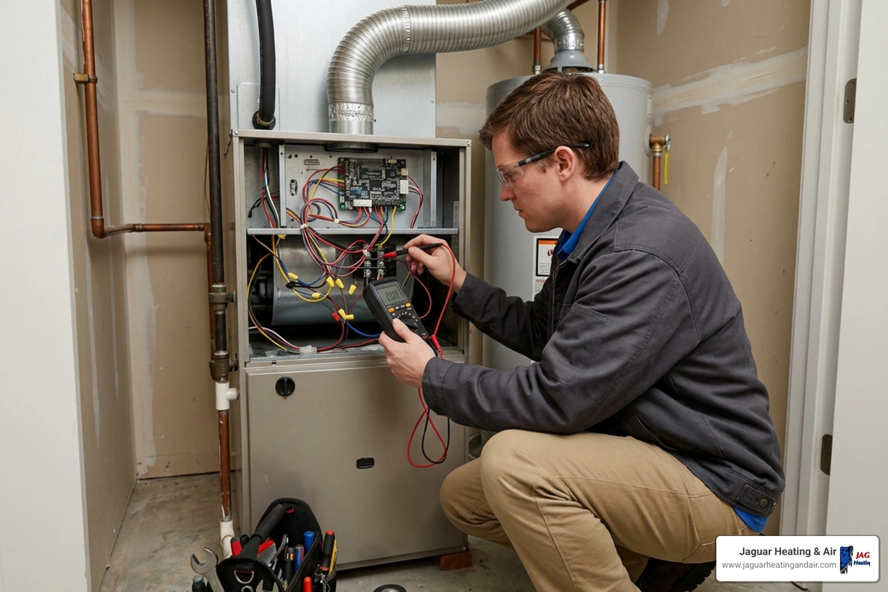 HVAC technician inspecting an indoor air handler and testing electrical connections