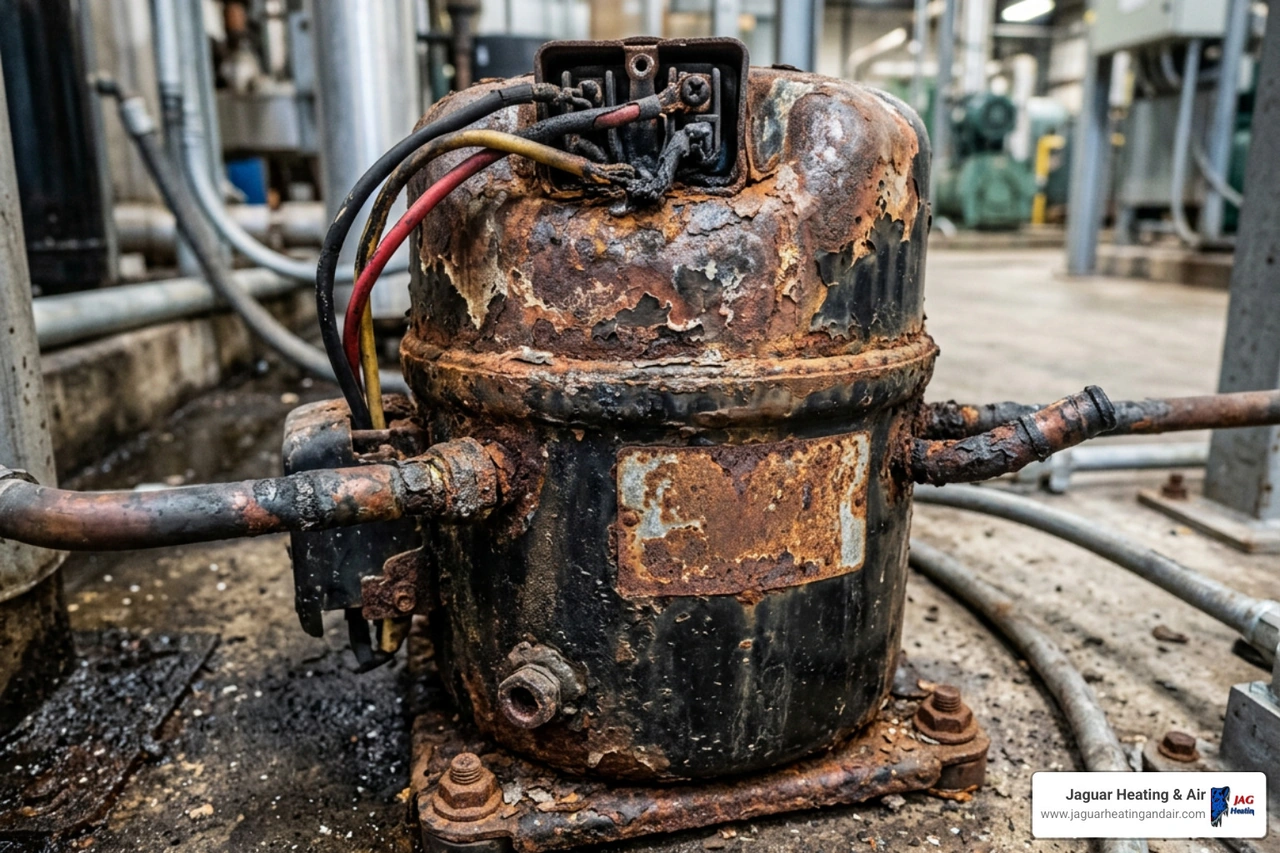 Close-up of a damaged, rusted HVAC compressor showing signs of severe operational stress and overheating