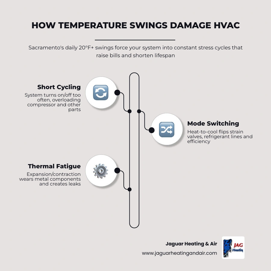 Infographic showing how daily temperature swings cause short cycling, energy waste, and component wear in HVAC systems