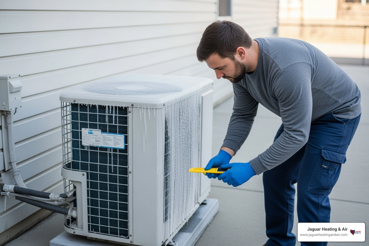 A technician inspecting a frozen outdoor AC unit covered in a thin layer of ice despite the hot weather A technician inspecting a frozen outdoor AC unit covered in a thin layer of ice despite the hot weather