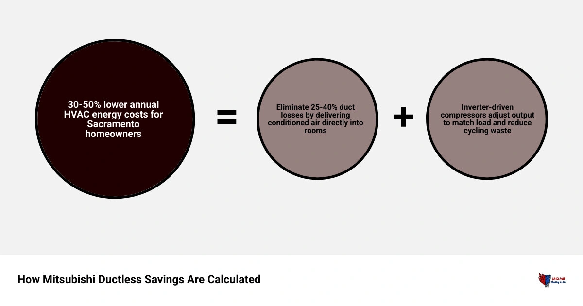 Infographic showing how Mitsubishi ductless system savings are calculated: duct loss elimination, inverter efficiency, zone Infographic showing how Mitsubishi ductless system savings are calculated: duct loss elimination, inverter efficiency, zone