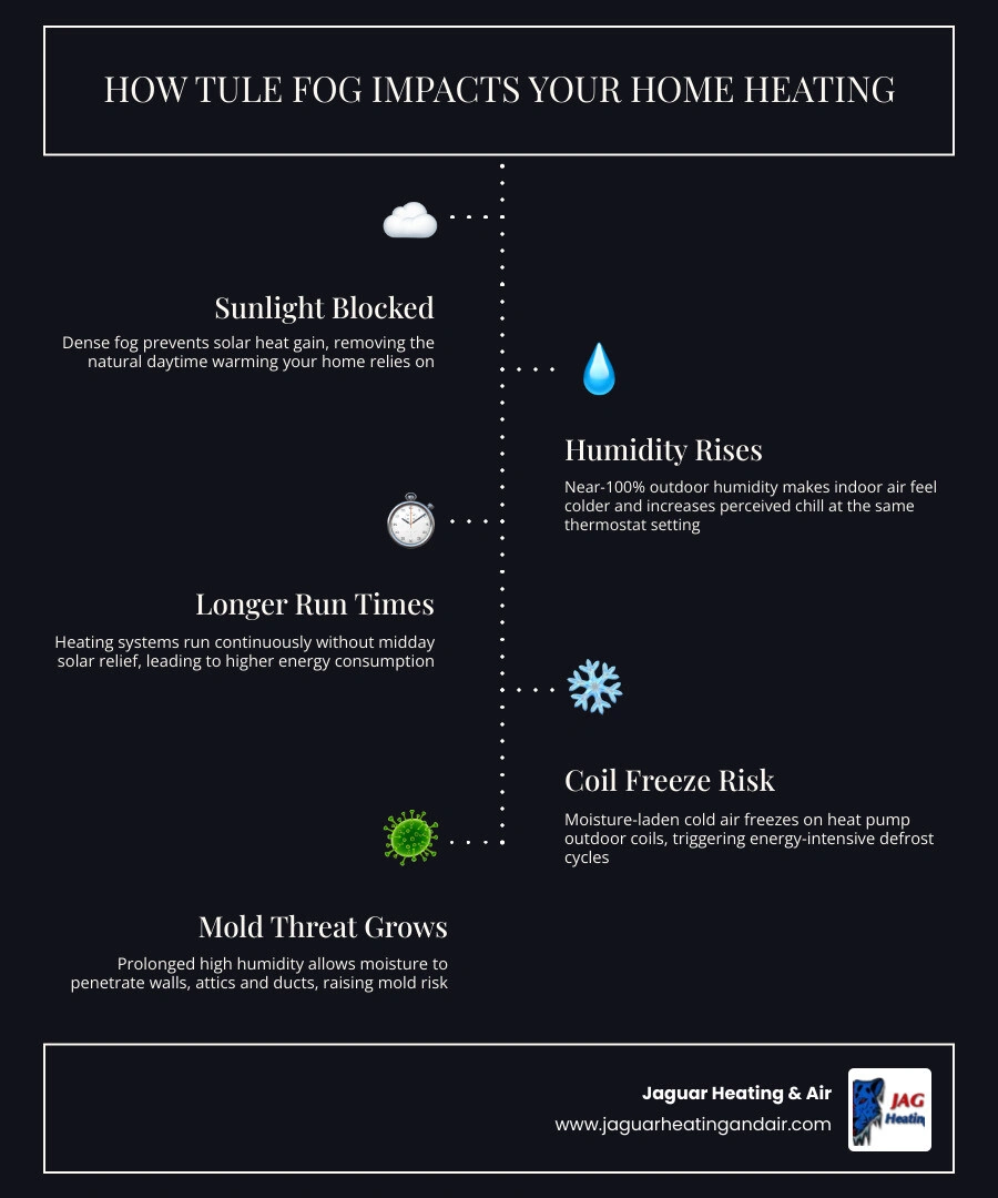 Infographic showing how tule fog blocks sunlight, raises humidity, and forces heating systems to run longer in Sacramento