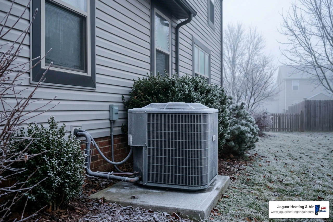 Outdoor heat pump unit covered in frost during a foggy morning