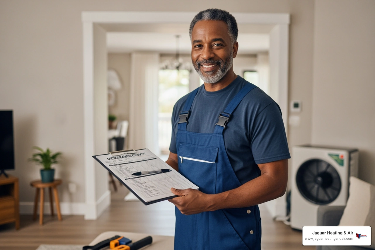 Professional HVAC maintenance checklist being reviewed by a technician in a home Professional HVAC maintenance checklist being reviewed by a technician in a home