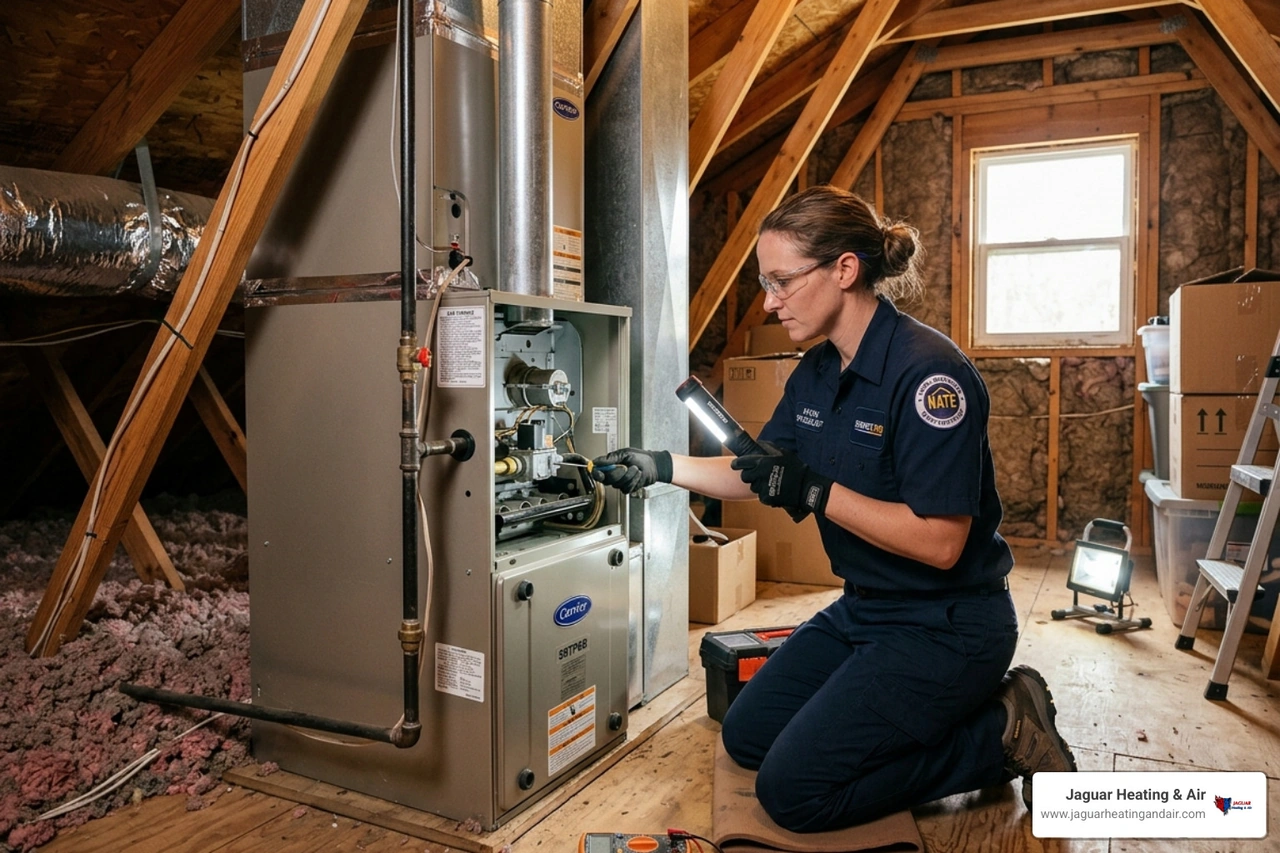 NATE-certified technician inspecting a gas furnace in a residential attic - how old is too old for an hvac system NATE-certified technician inspecting a gas furnace in a residential attic - how old is too old for an hvac system