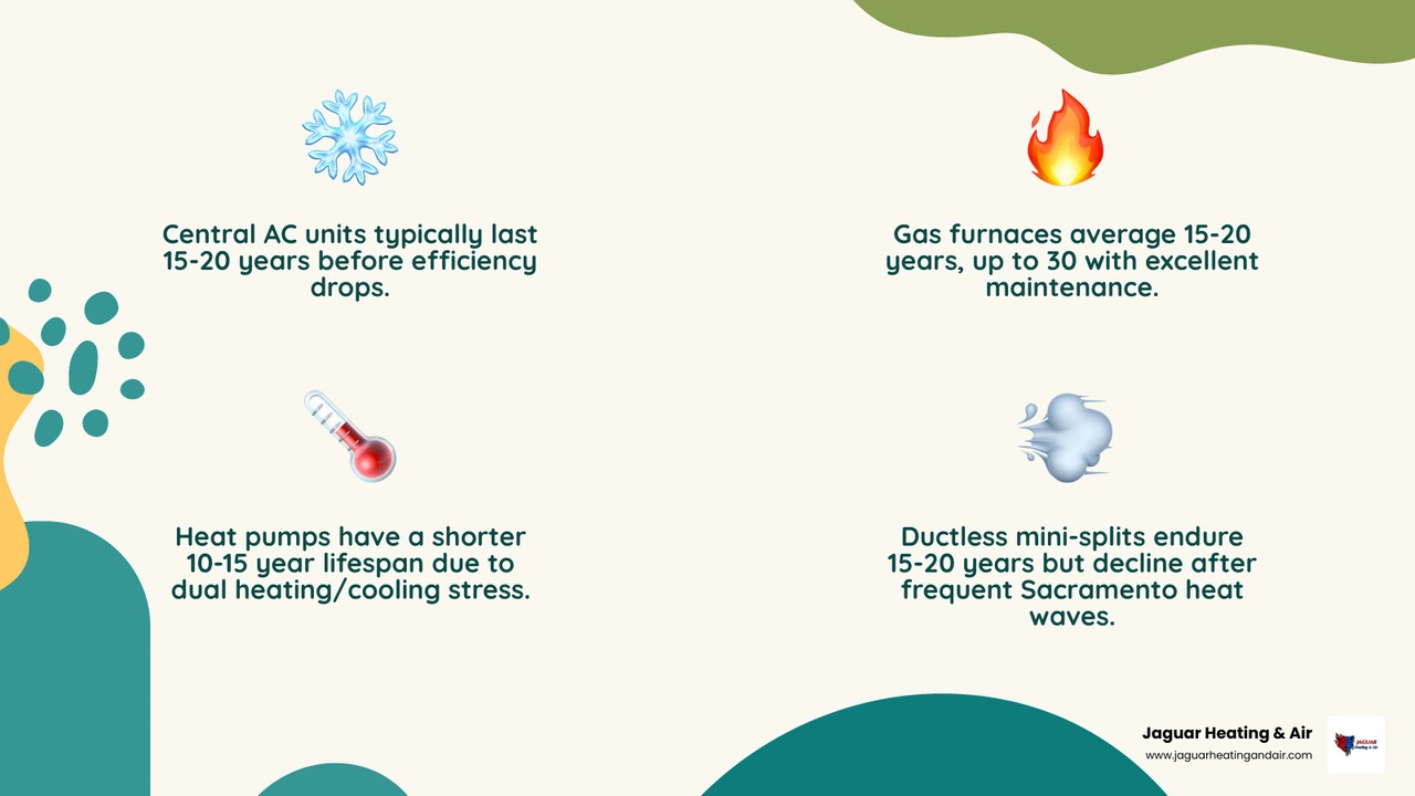 Infographic showing average HVAC system lifespan by equipment type with replacement age thresholds - how old is too old for Infographic showing average HVAC system lifespan by equipment type with replacement age thresholds - how old is too old for