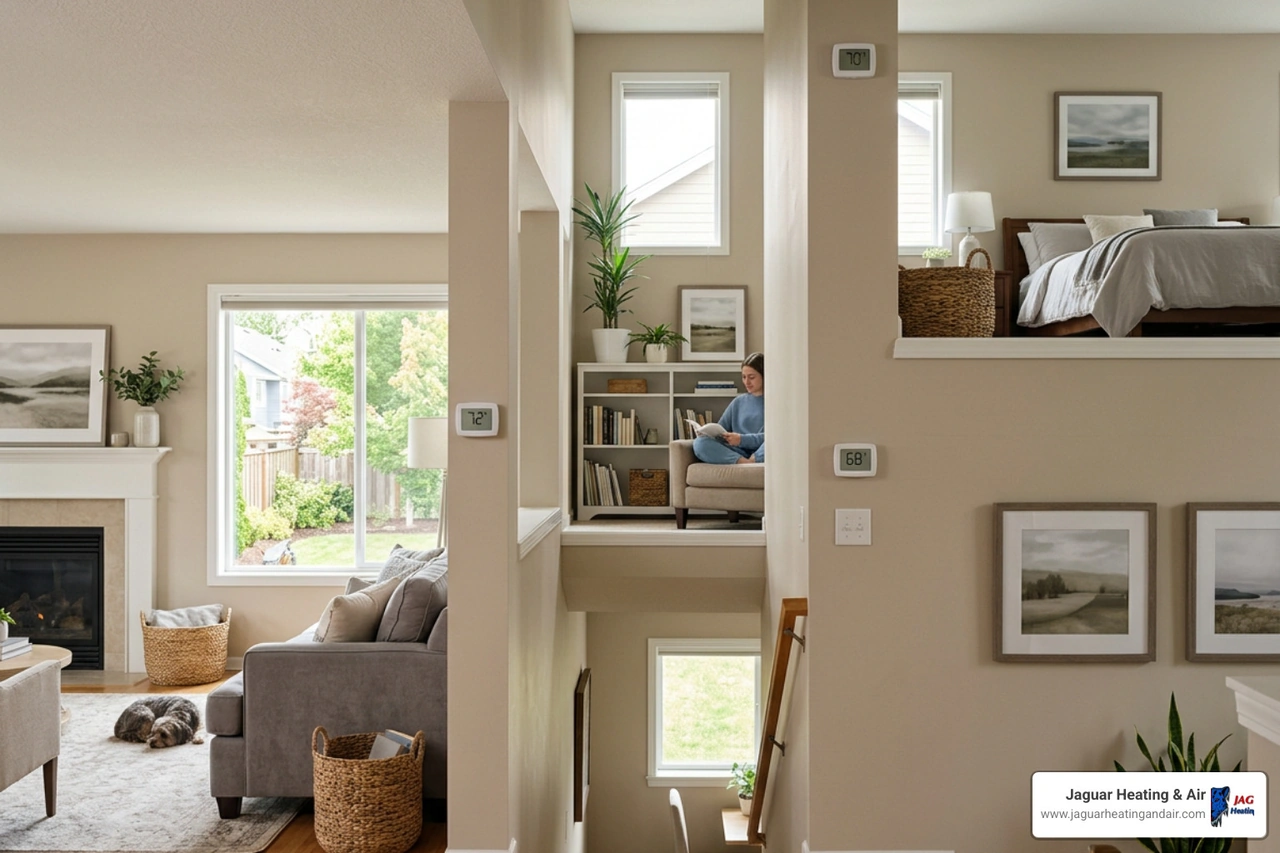 Multi-story home with zoned temperature control showing different temperatures in different rooms Multi-story home with zoned temperature control showing different temperatures in different rooms