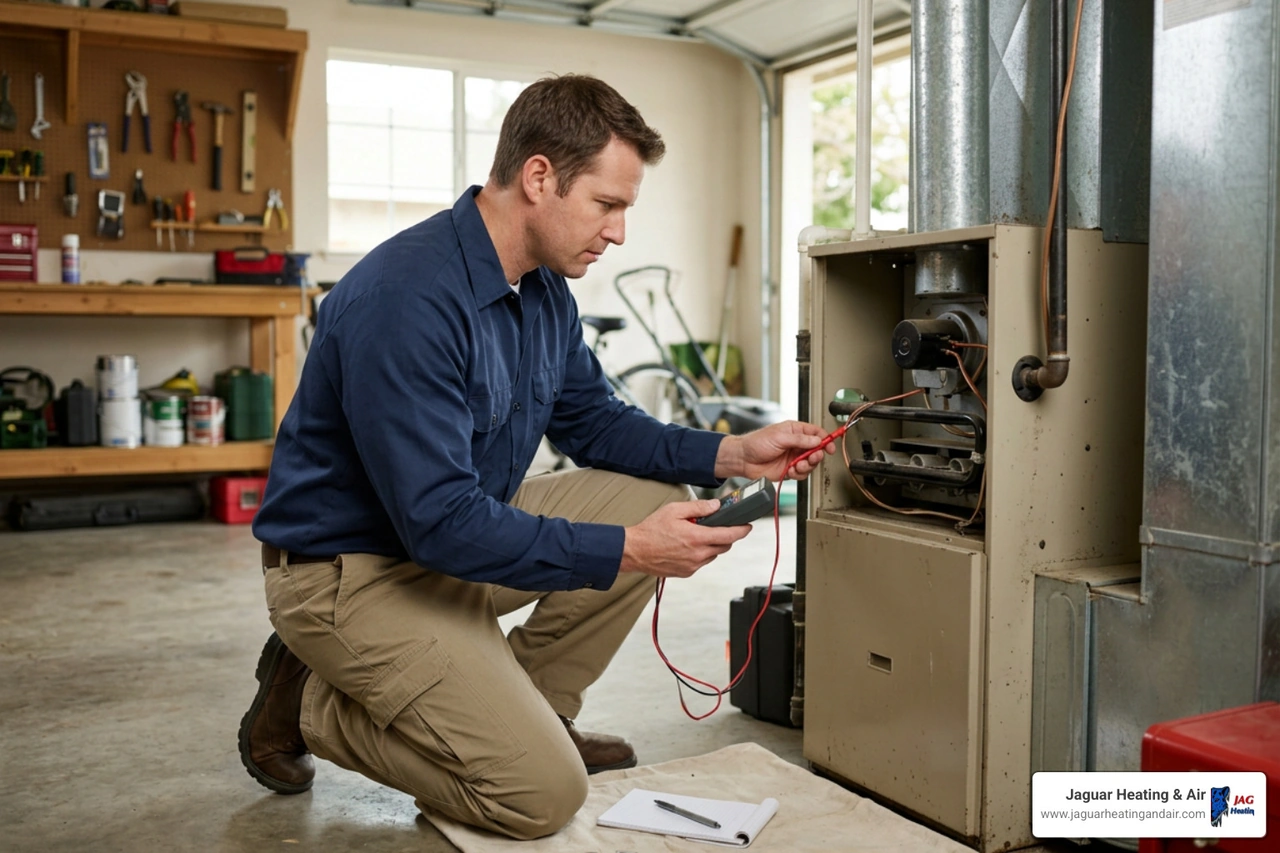 NATE-certified technician inspecting an older furnace in a Sacramento garage NATE-certified technician inspecting an older furnace in a Sacramento garage