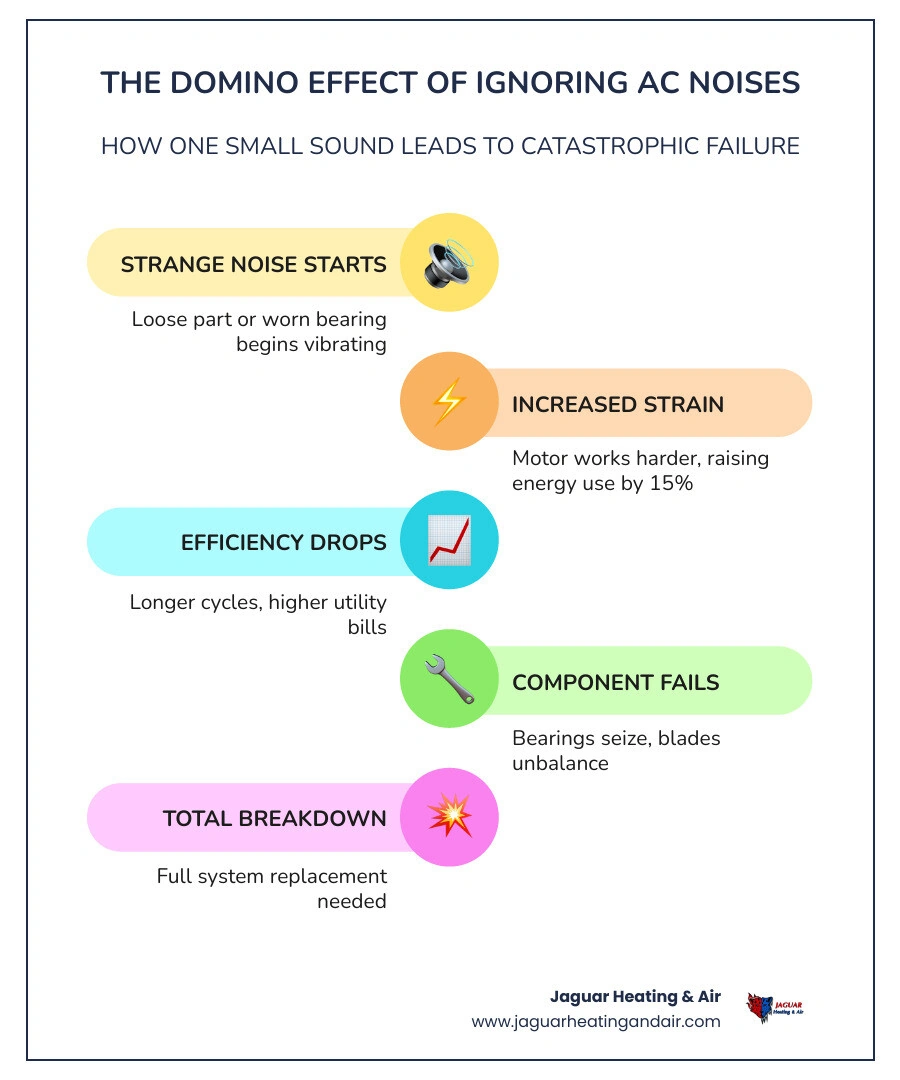 infographic showing how one loose AC part leads to total system failure - ac making strange noises what they mean infographic showing how one loose AC part leads to total system failure - ac making strange noises what they mean