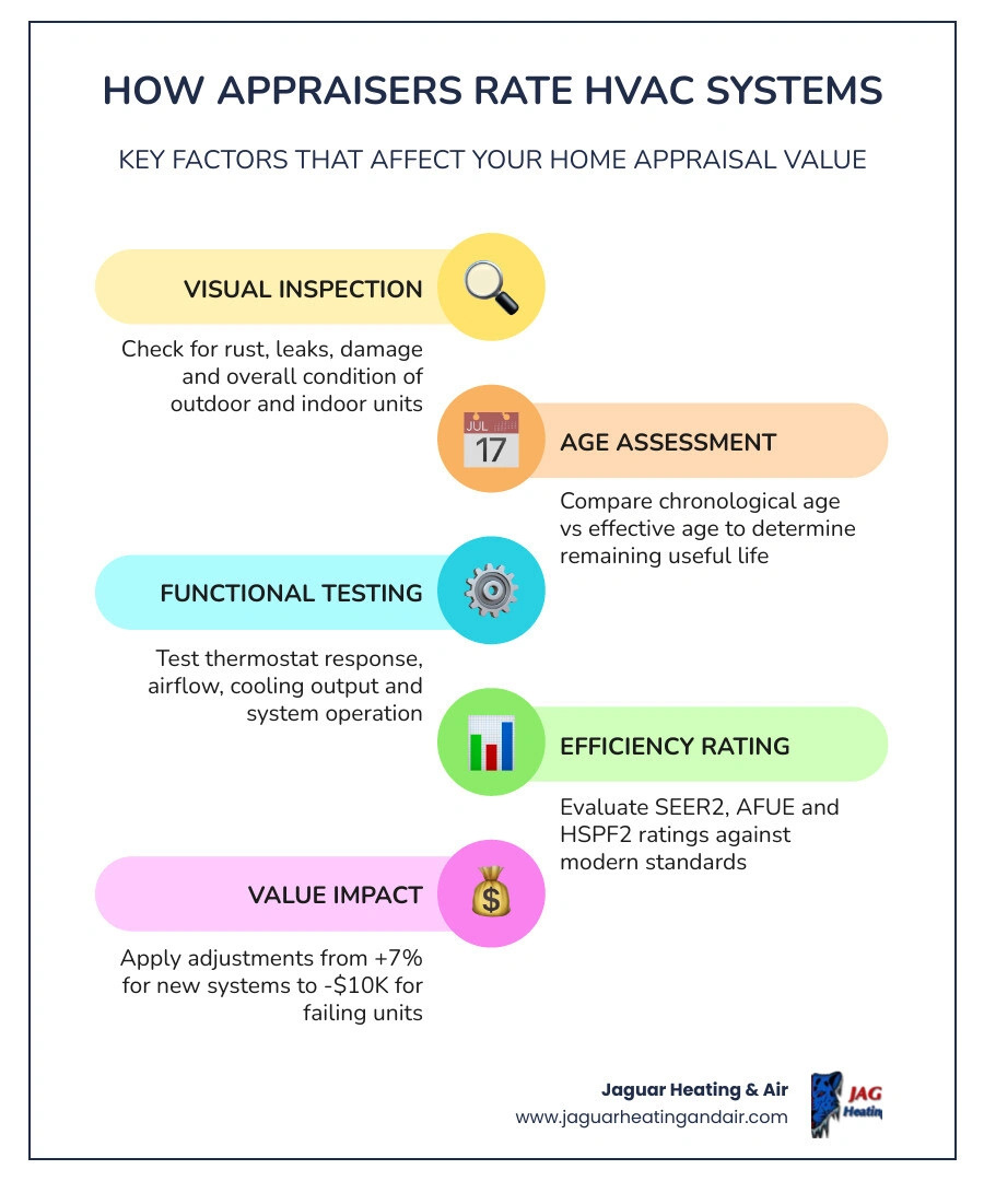 Infographic showing how appraisers rate HVAC systems by age, condition, and efficiency with value impact ranges infographic Infographic showing how appraisers rate HVAC systems by age, condition, and efficiency with value impact ranges infographic