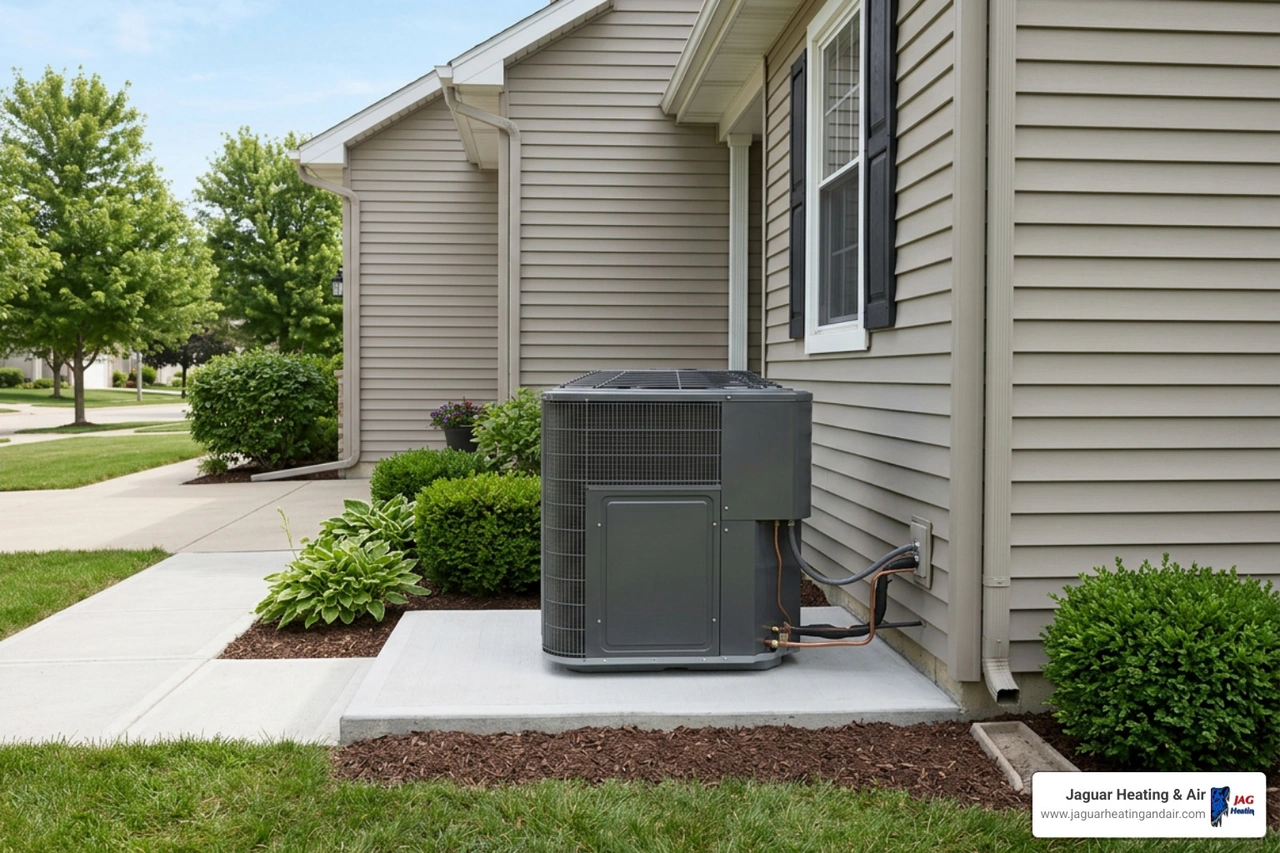 high-efficiency outdoor AC unit on a concrete pad next to a clean home exterior high-efficiency outdoor AC unit on a concrete pad next to a clean home exterior