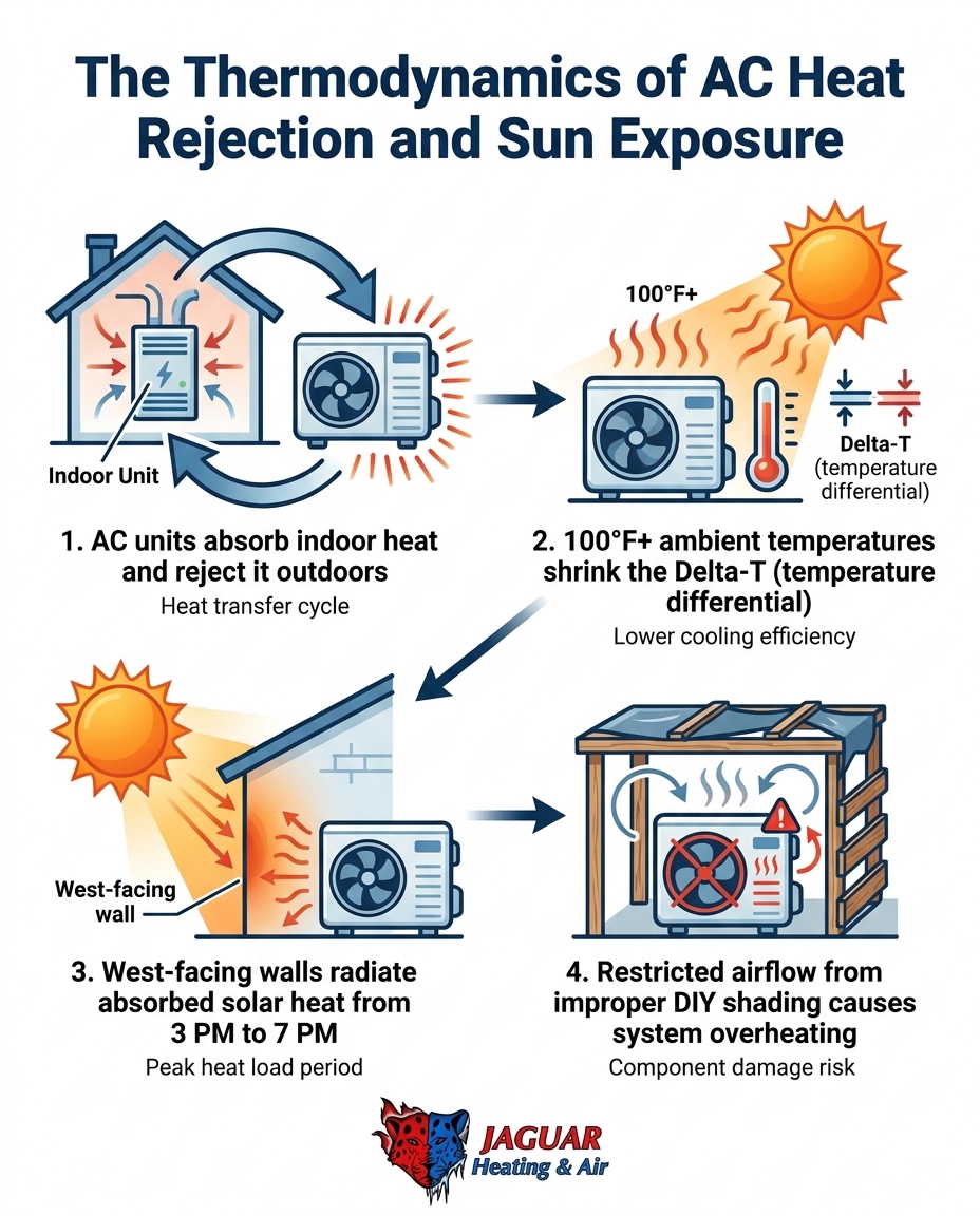 The Thermodynamics of AC Heat Rejection and Sun Exposure