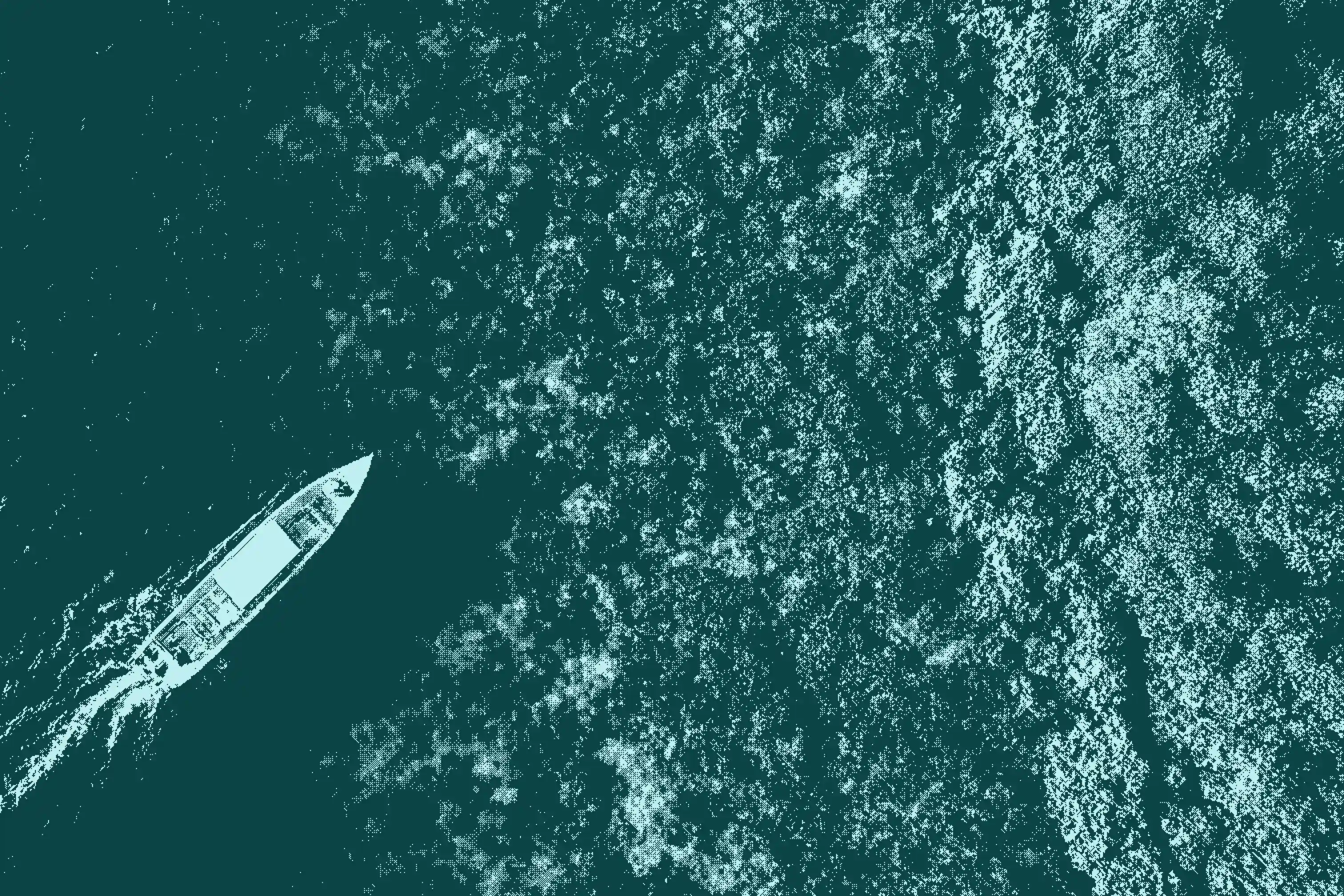 Aerial view of a boat moving through water covered with scattered patches of foam or sea debris.