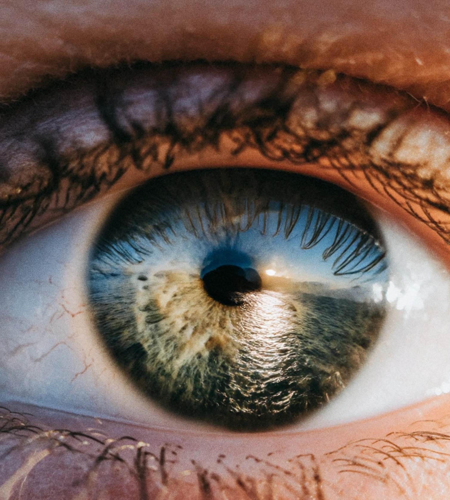 Close-up of a blue eye reflecting a sunset over the ocean with clouds on the horizon.