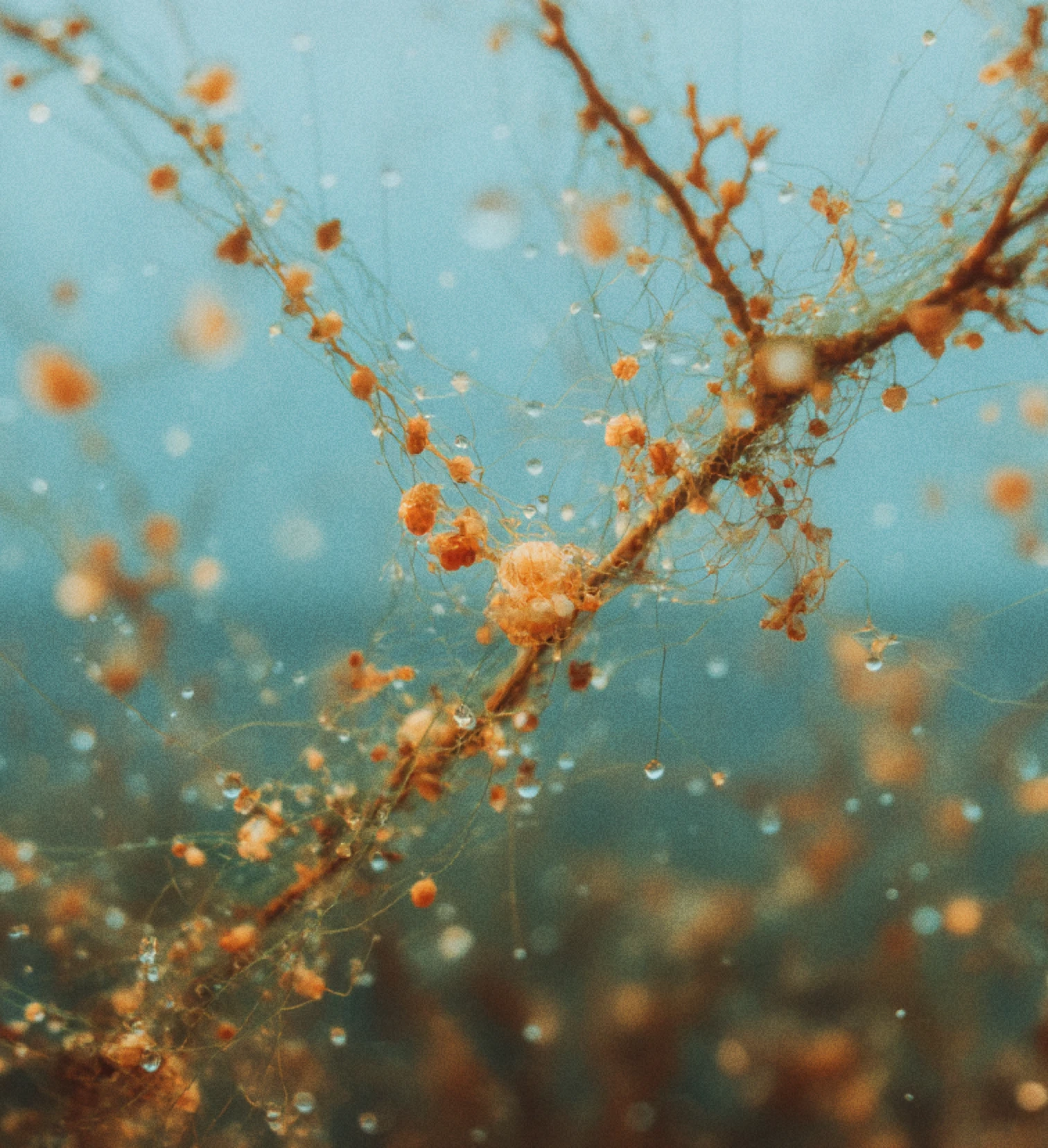 Close-up of underwater seaweed or algae with small orange blooms and water droplets on a blue background.