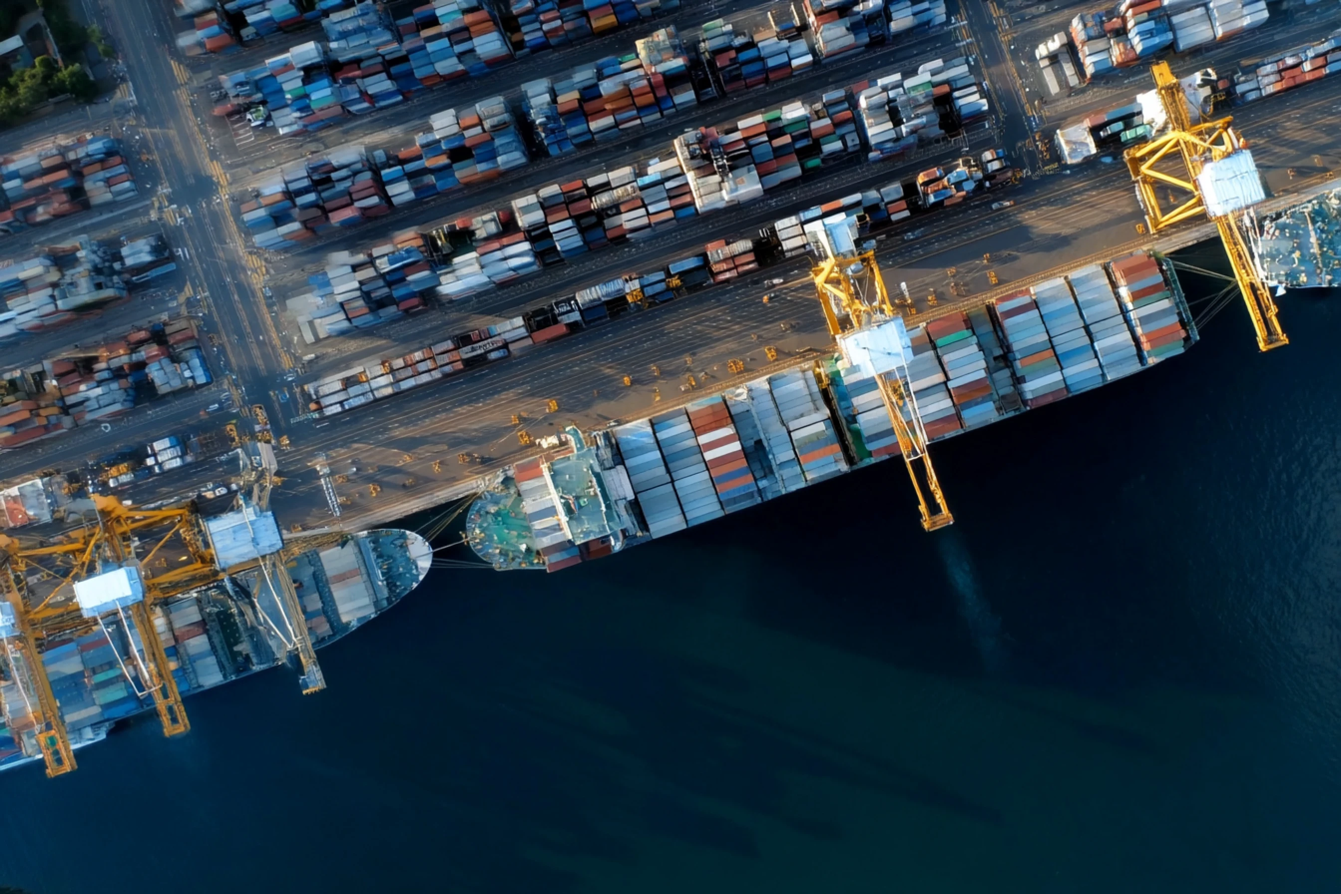 Aerial view of a busy shipping port with large container ships docked and numerous shipping containers stacked in the yard.