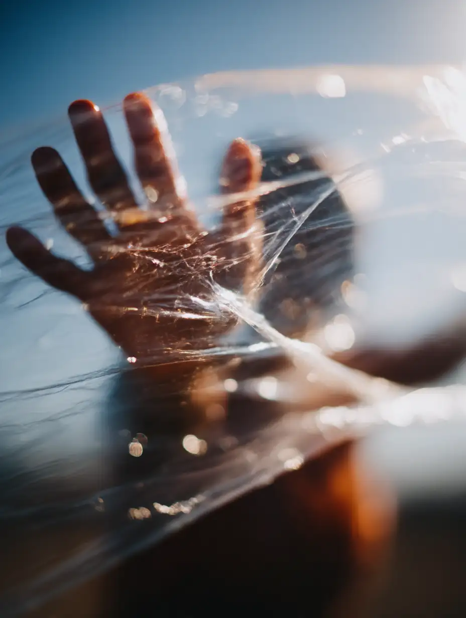 Close-up of an outstretched hand pressing against a translucent plastic film with sunlight in the background.
