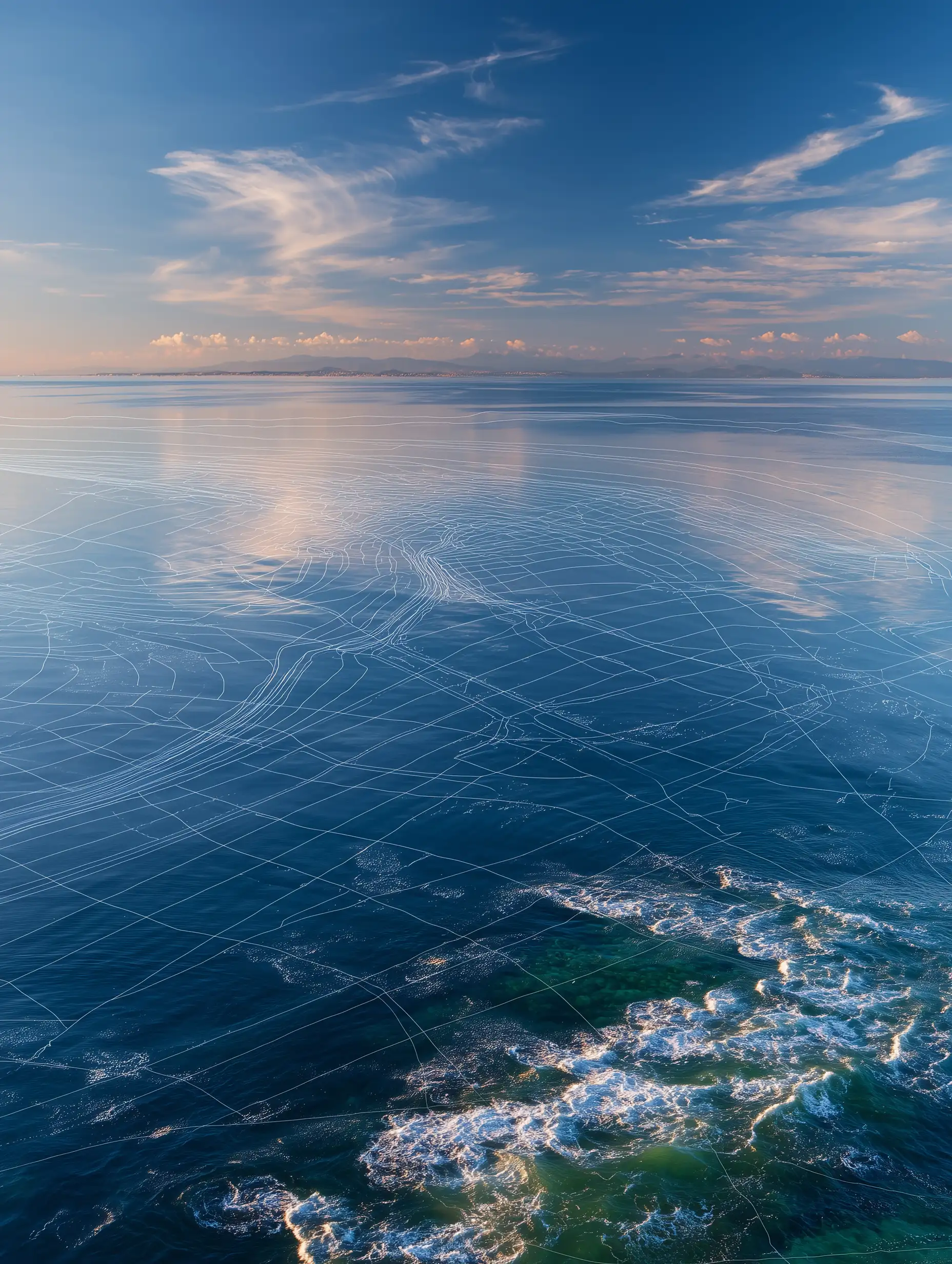 Ocean surface with white wave foam in foreground and reflections of clouds on calm water under a blue sky.