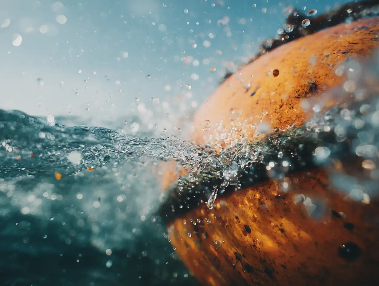 Close-up of a weathered orange buoy splashed by ocean water and droplets under a clear sky.