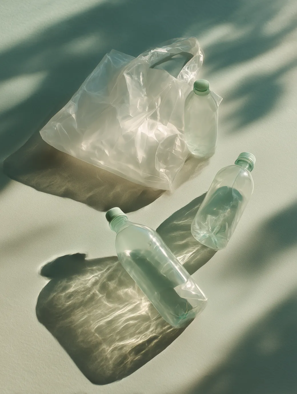 Three transparent plastic bottles and a crumpled plastic bag casting shadows on a light surface.
