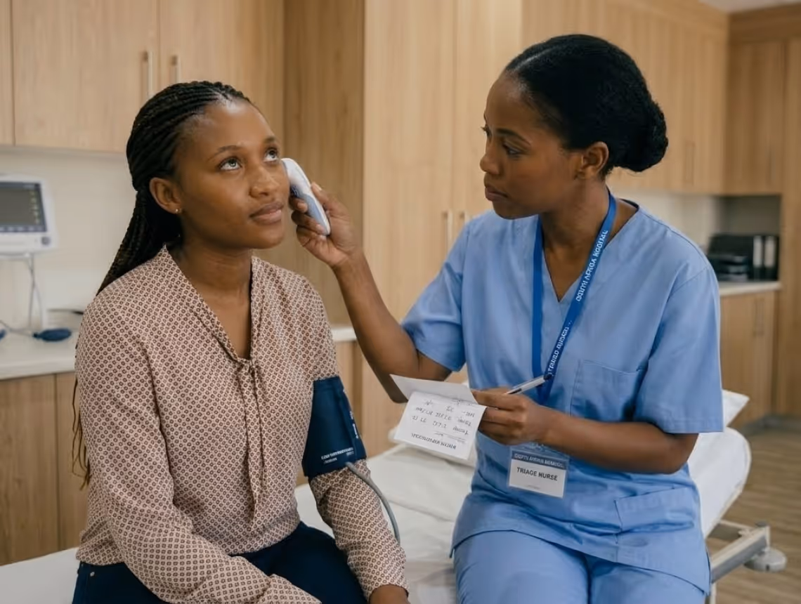 Nurse in blue scrubs checking temperature of a seated woman with blood pressure cuff in a medical room.