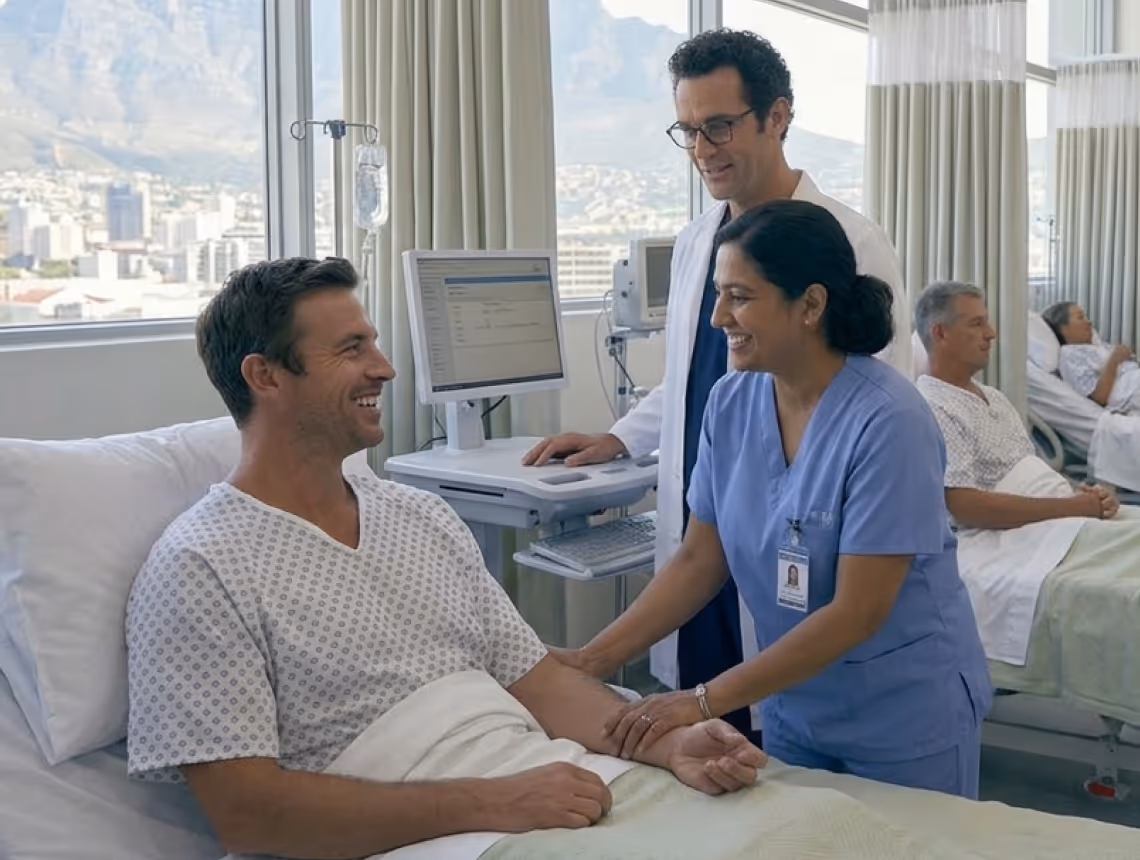Smiling nurse in blue scrubs holding patient's arm while doctor checks computer in hospital room.