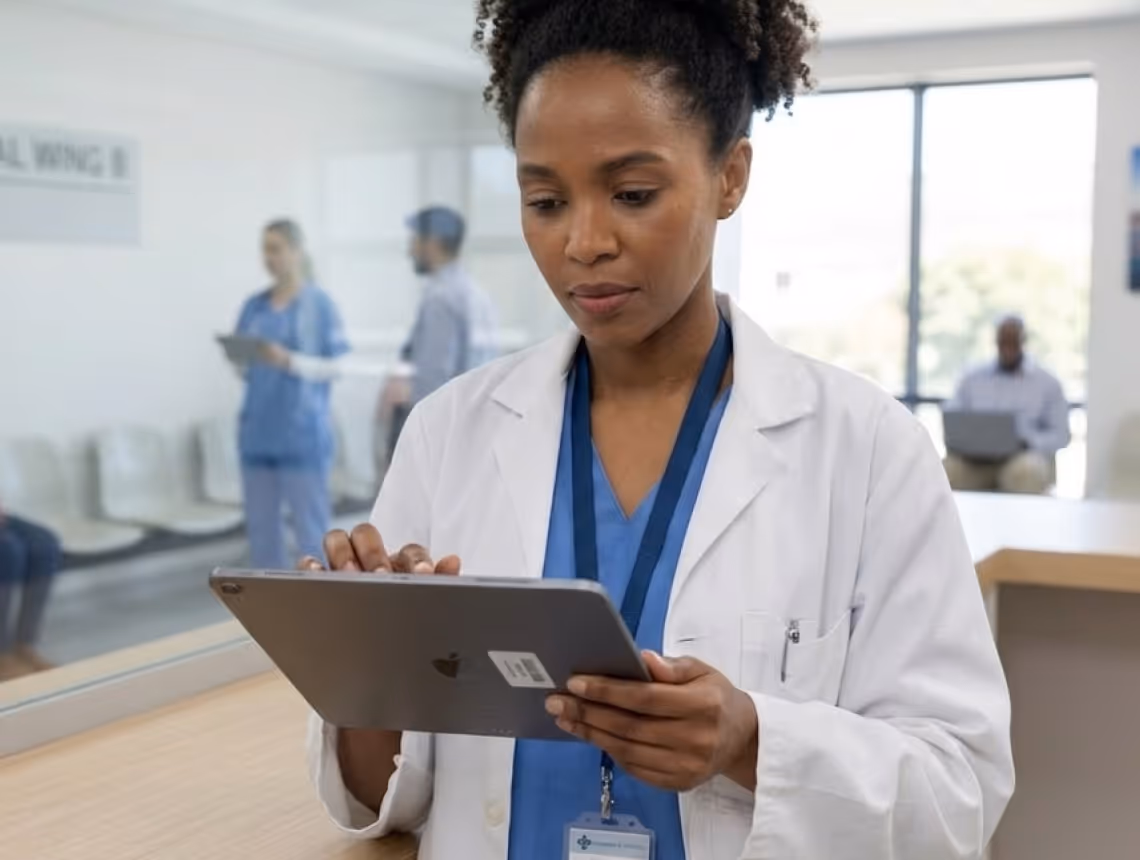 Female doctor in white coat using a tablet in a hospital corridor with medical staff in the background.