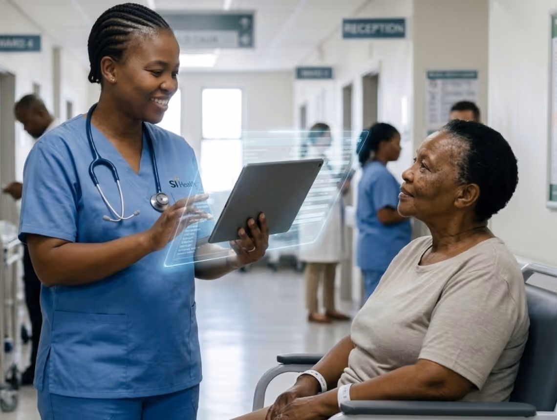 Smiling nurse in scrubs uses tablet with holographic display while talking to seated elderly patient.