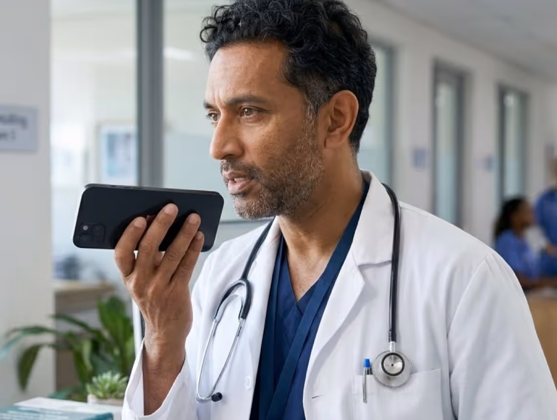 Male doctor in white coat speaking into a smartphone in a hospital hallway.
