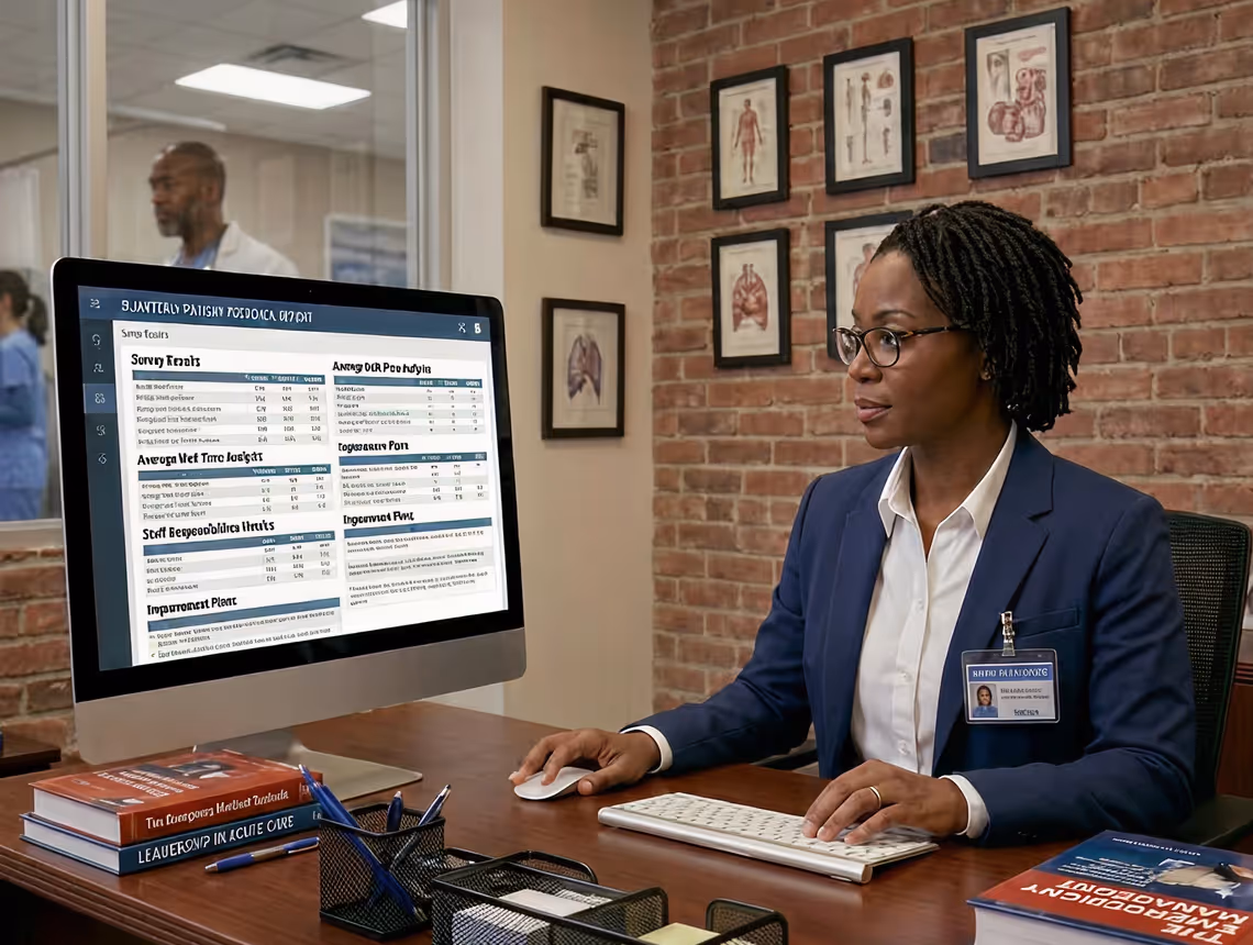 Woman in glasses and business suit working at desk with computer showing unit report dashboard.