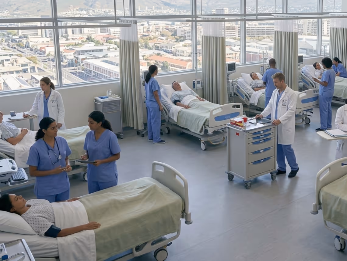 Hospital room with patients in beds and medical staff attending to them amid large windows.