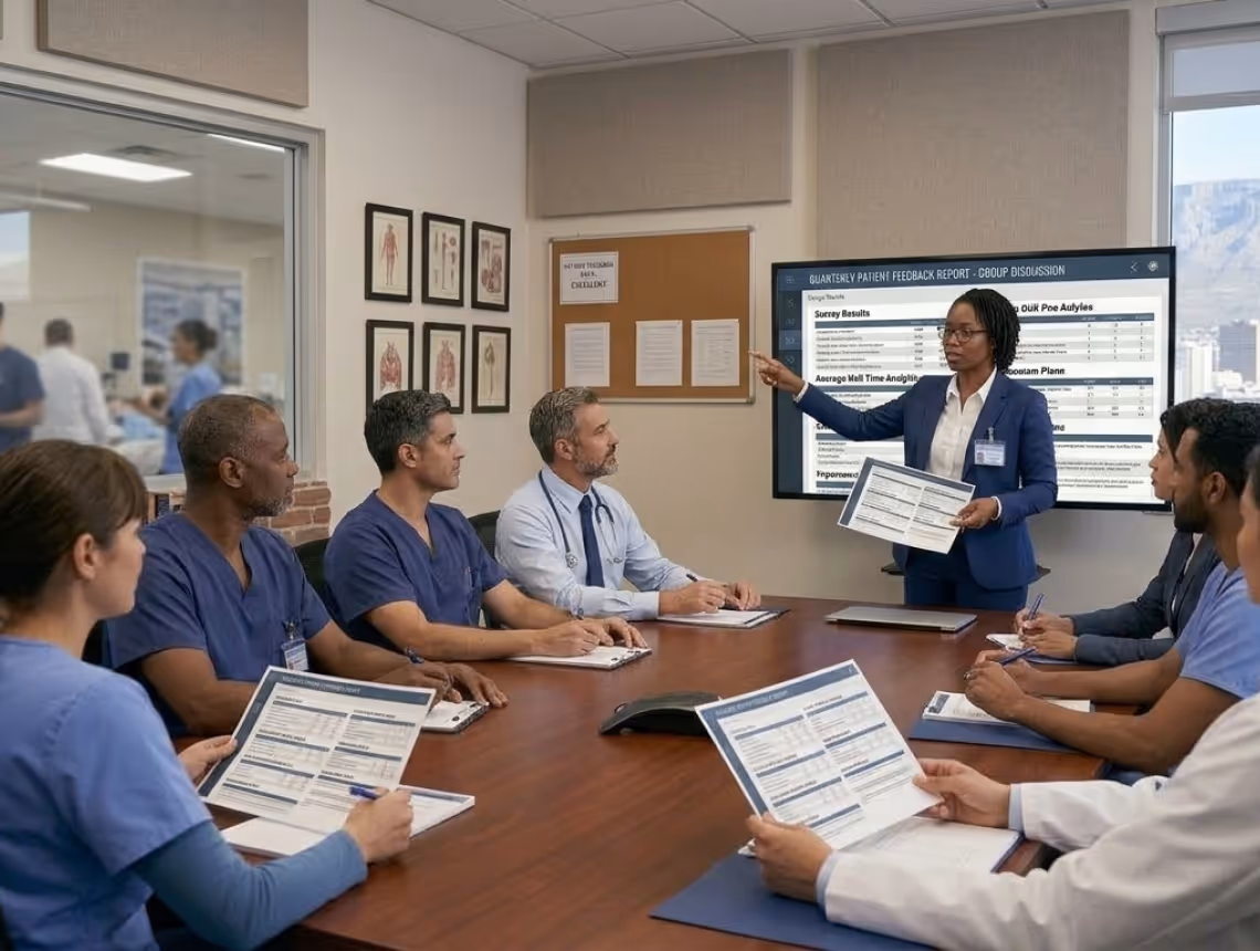 Medical team in scrubs attending a meeting with a presenter showing patient feedback reports.