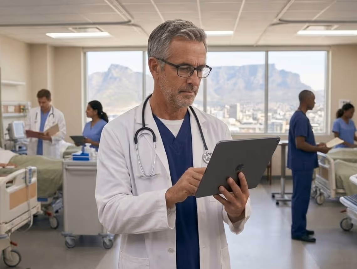 Male doctor in white coat and stethoscope using a tablet in a busy hospital ward with staff and patients.