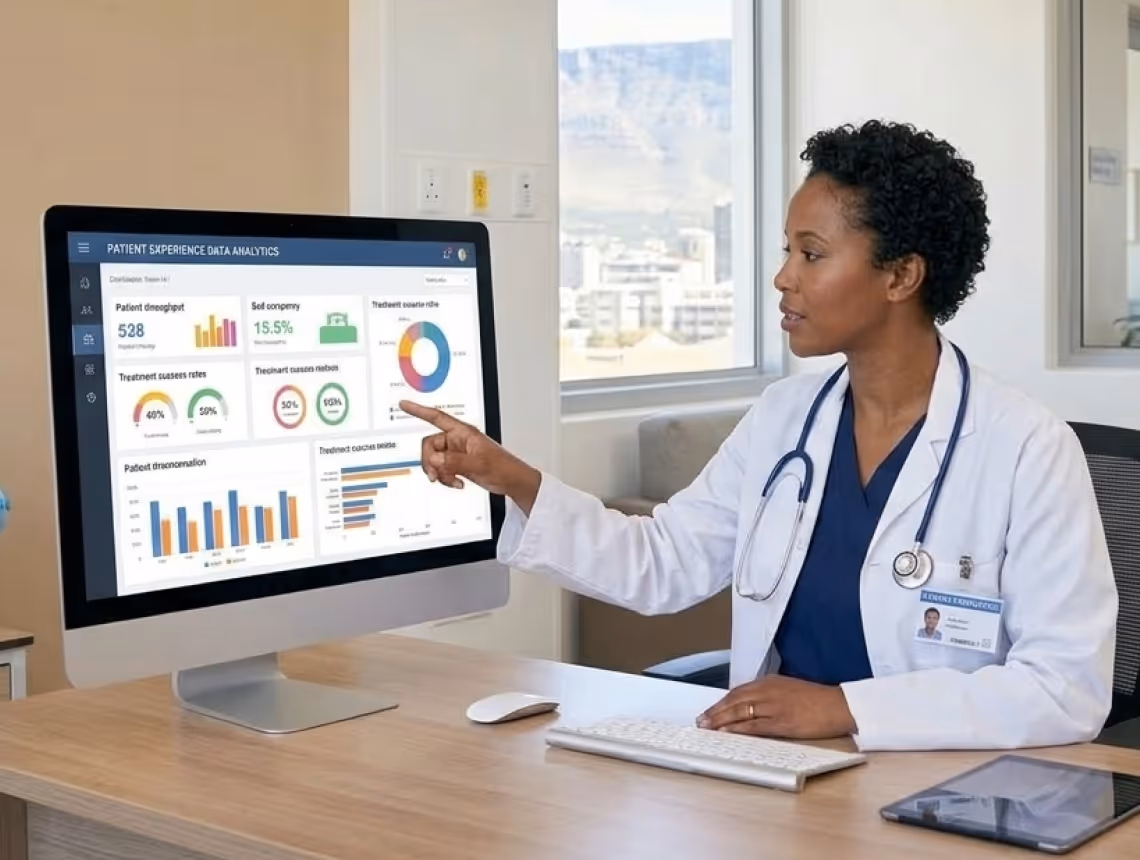 A female doctor pointing at patient data analytics on a computer screen in a medical office.