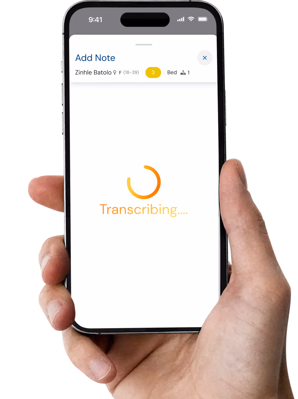 Hand holding phone showing a note app with 'Transcribing...' and a loading circle on screen.