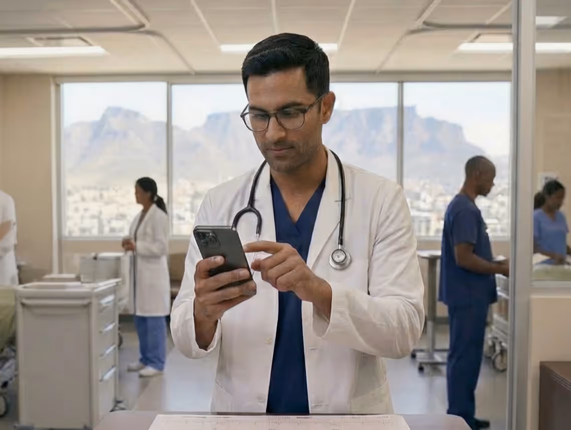 Doctor in white coat using smartphone in a hospital room with medical staff working in background.
