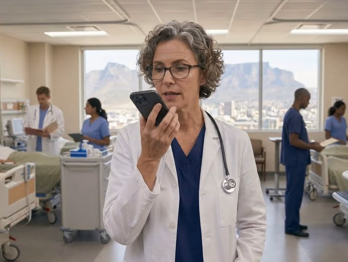 Female doctor in white coat speaking into smartphone in a busy hospital room with staff and patients.