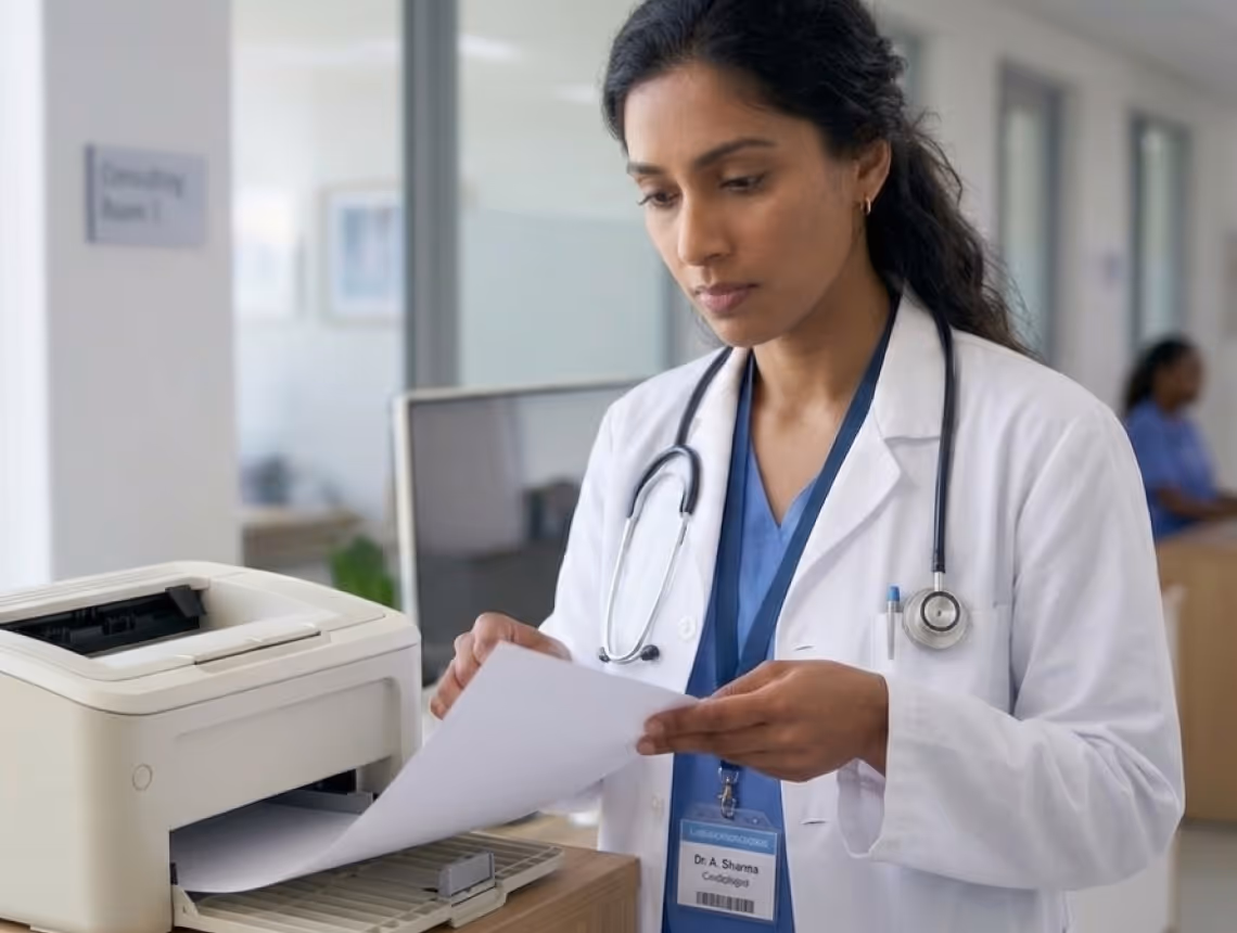 Female doctor in white coat collecting printed papers from a printer in a medical office.