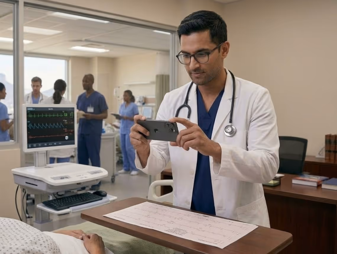 Doctor in white coat using smartphone to take photo of a patient's medical chart in hospital room.
