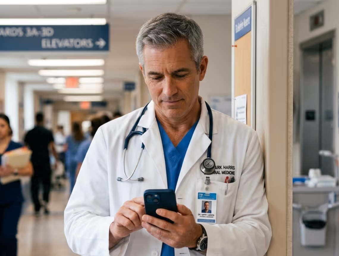 Male doctor in white coat and stethoscope using a smartphone in a hospital hallway.