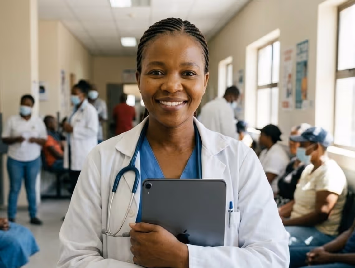 Smiling female doctor holding tablet in busy medical clinic waiting area with patients and staff.